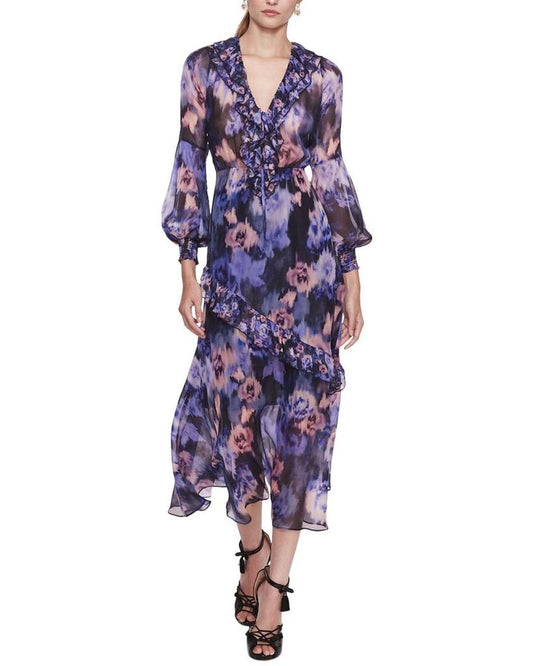 Marchesa Notte Ruffled V-Neck Domain Silk-Blend Dress