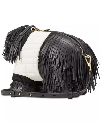 Shaggy Fabric & Fringed Leather Small 3D Dog Crossbody