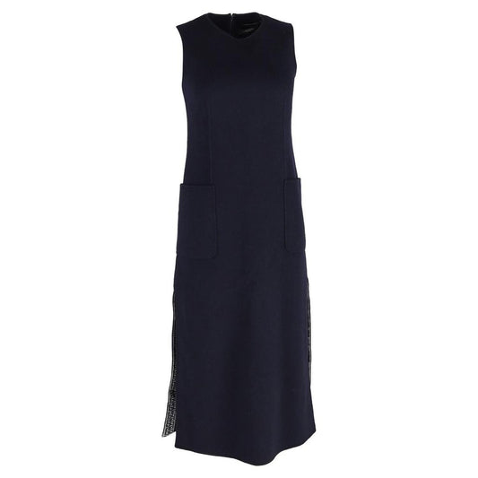 Side Slit Midi Dress with Pockets in Navy Blue Wool