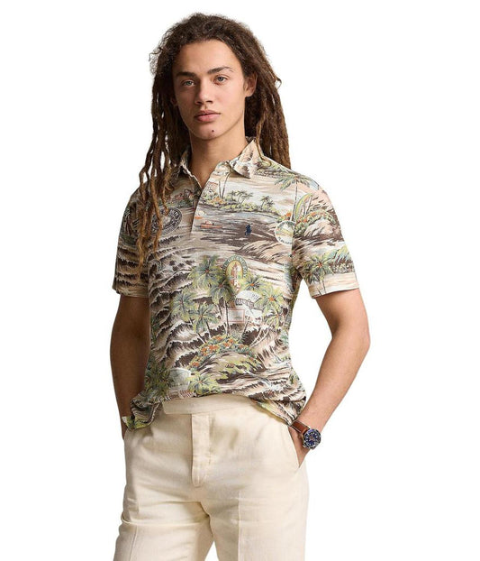 Classic Fit Beach-Print Mesh Polo Shirt