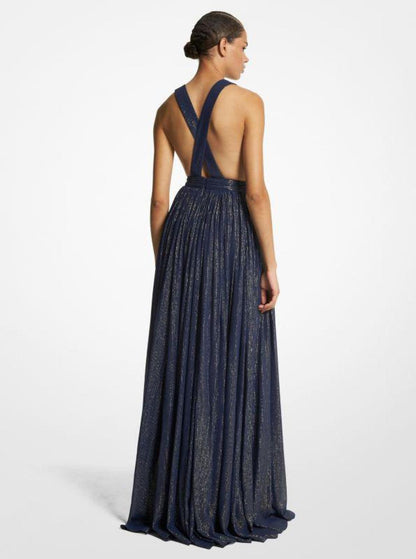 Hutton Metallic Striped Lamé Chiffon Gown