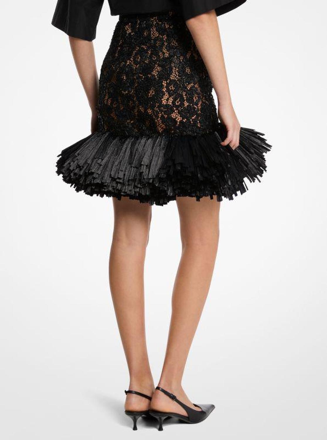 Hand-Embroidered Floral Lace and Fringe Skirt