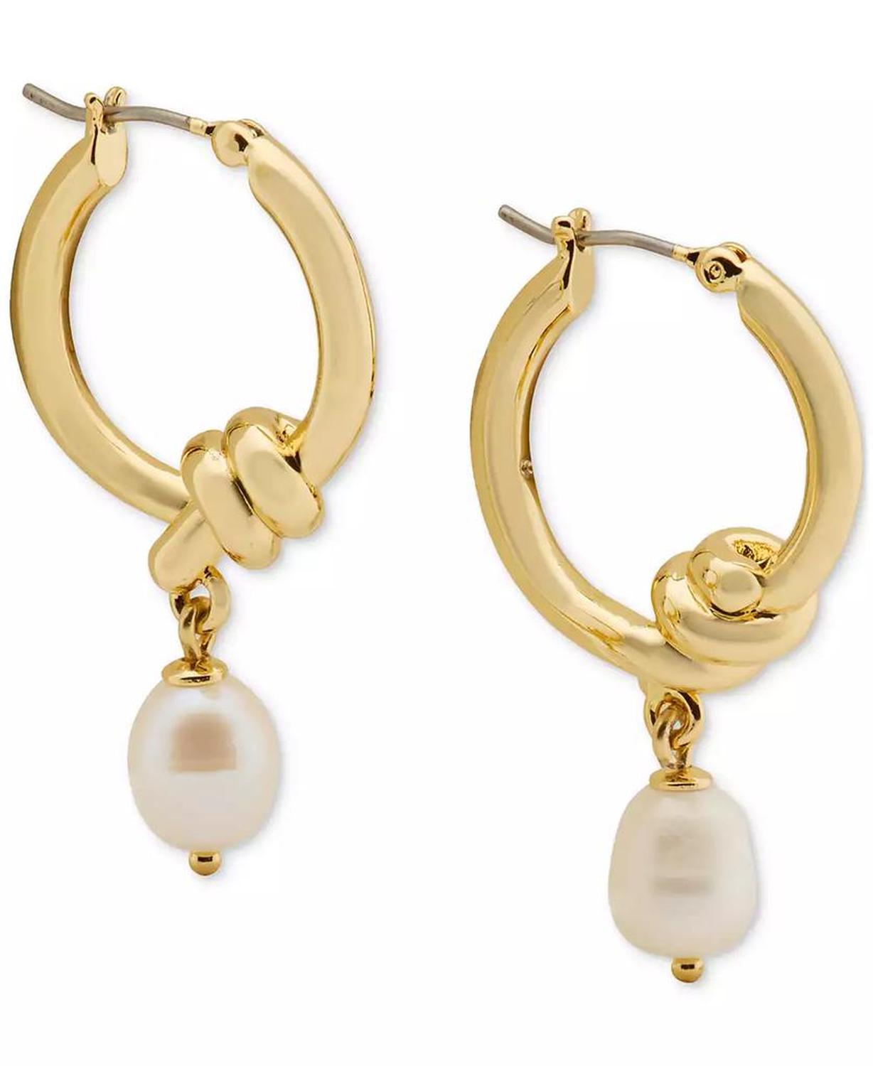 Gold-Tone Freshwater Pearl Charm Knot Hoop Earrings