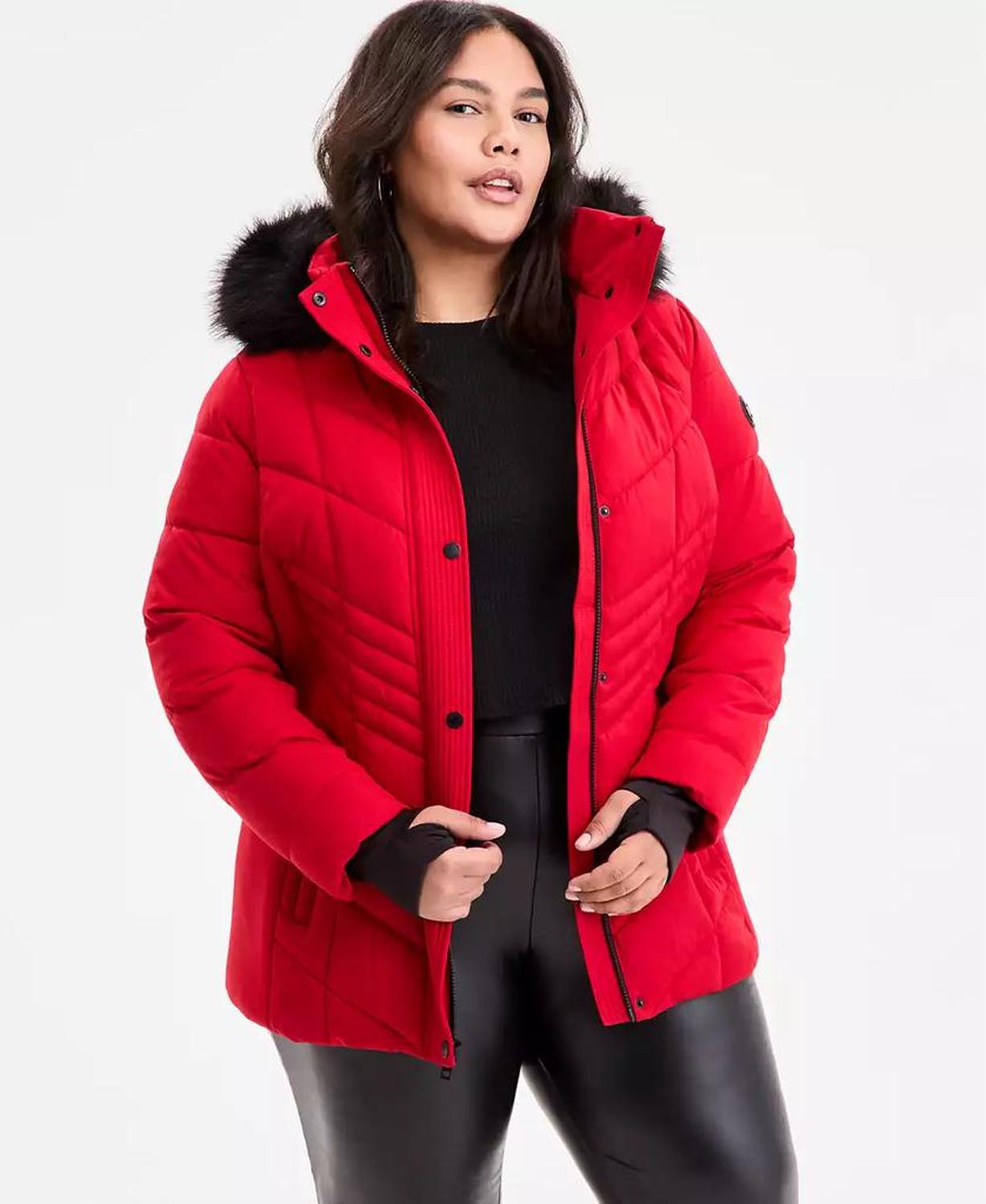 Plus Size Faux-Fur-Trim Hooded Puffer Coat, Exclusively at Macy's