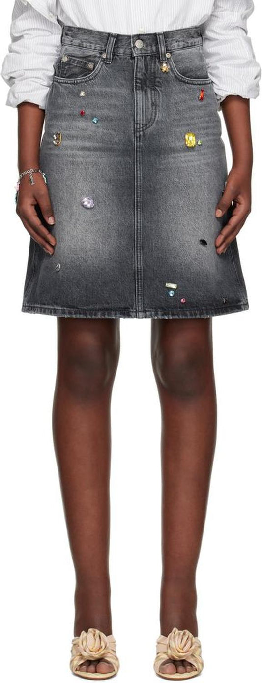 Black Gem A-Line Denim Midi Skirt