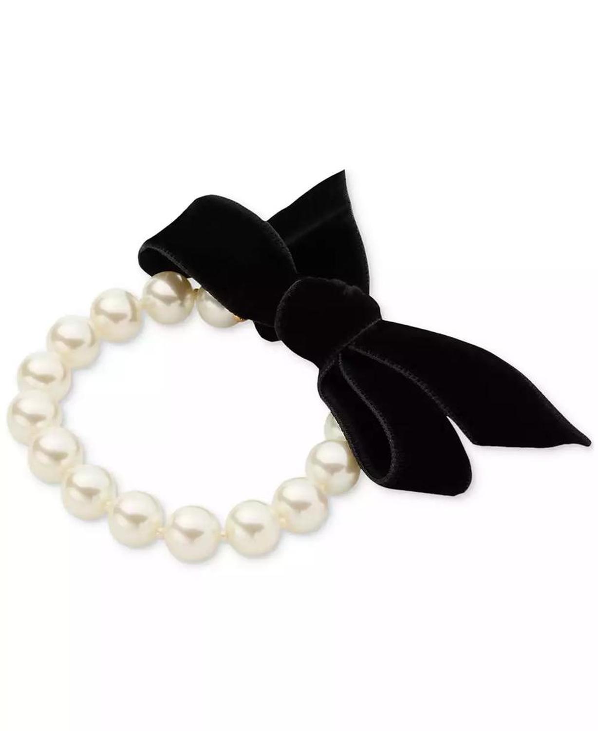 Gold-Tone Velvet Bow Imitation Pearl Stretch Bracelet