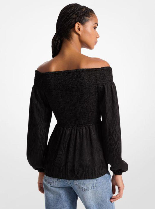 Smocked Moiré Jacquard Off-The-Shoulder Top