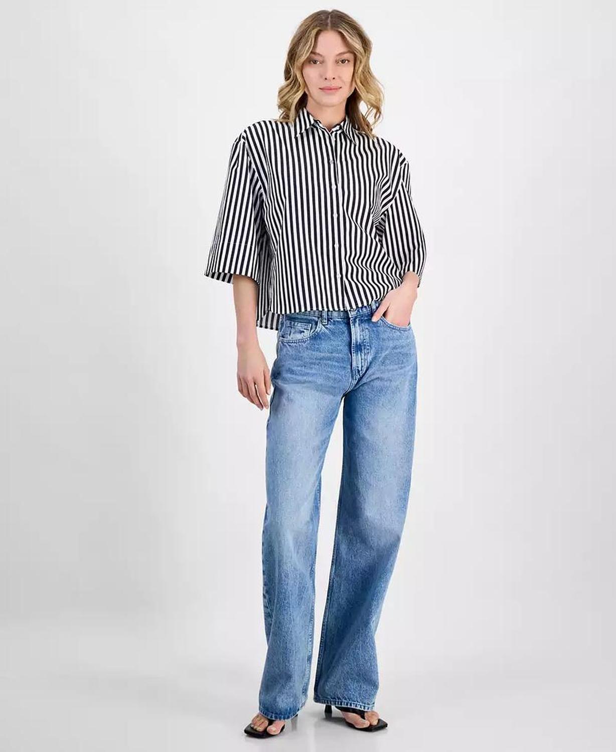 Women's Striped Cotton Elbow-Sleeve Button-Front Shirt