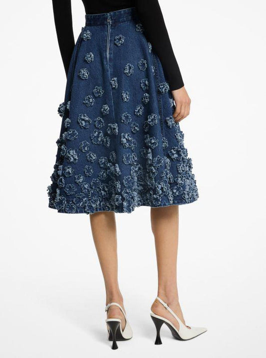 Hand-Embroidered Floral Denim Circle Skirt