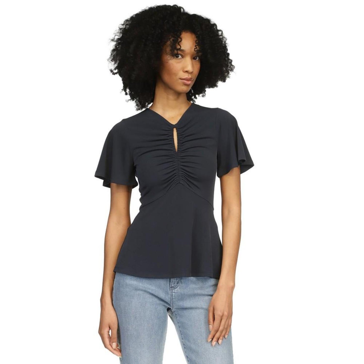 Women's Ruched Flutter-Sleeve Keyhole Top