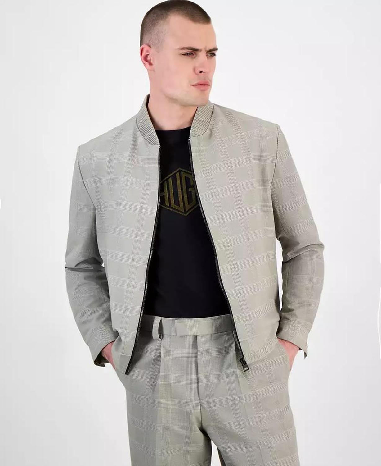 HUGO by Men's Ukashi252f1x Modern-Fit Glen Check Full-Zip Bomber Jacket