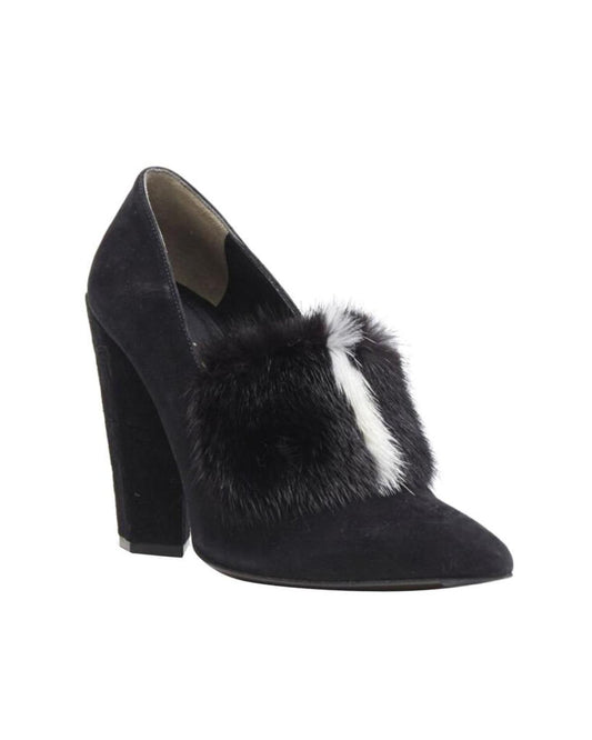 FENDI black suede black white mink fur front point toe chunky heel pump