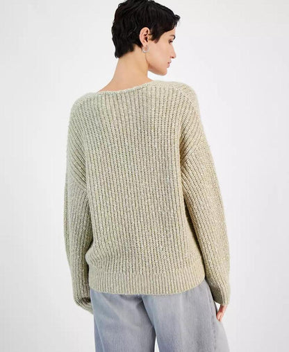 Women's Metallic V-Neck Drop-Shoulder Sweater