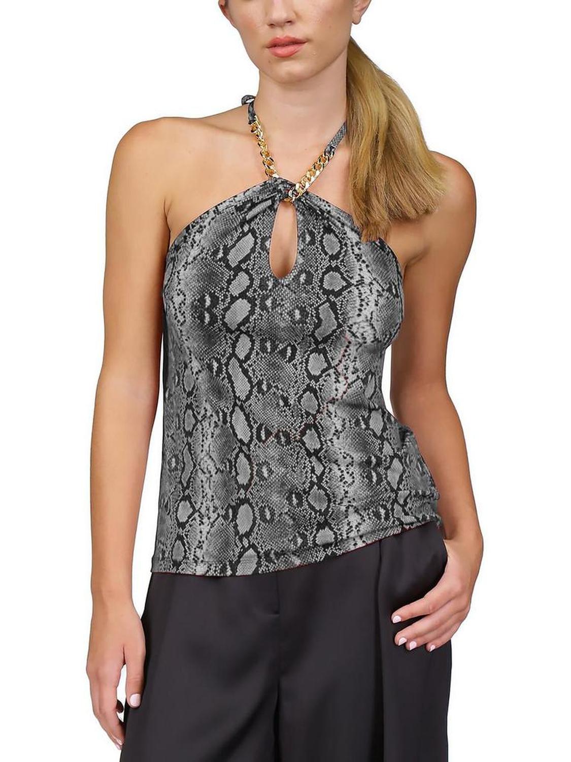 Womens Snakeskin Print Chain Neck Halter Top