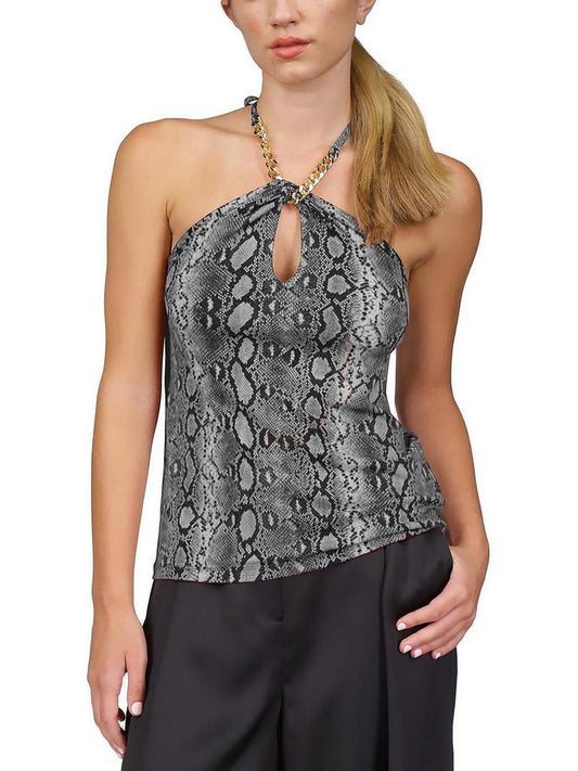 Womens Snakeskin Print Chain Neck Halter Top