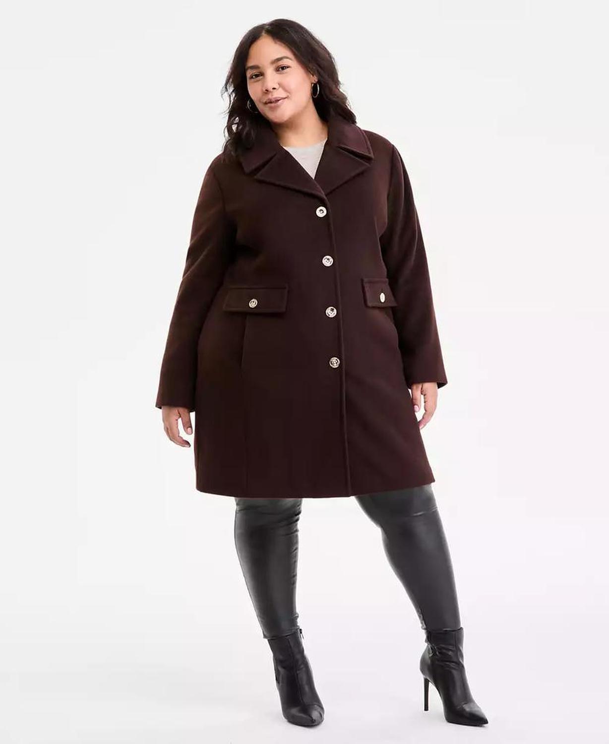 Plus Size Collared Button-Front Coat, Exclusively at Macy's