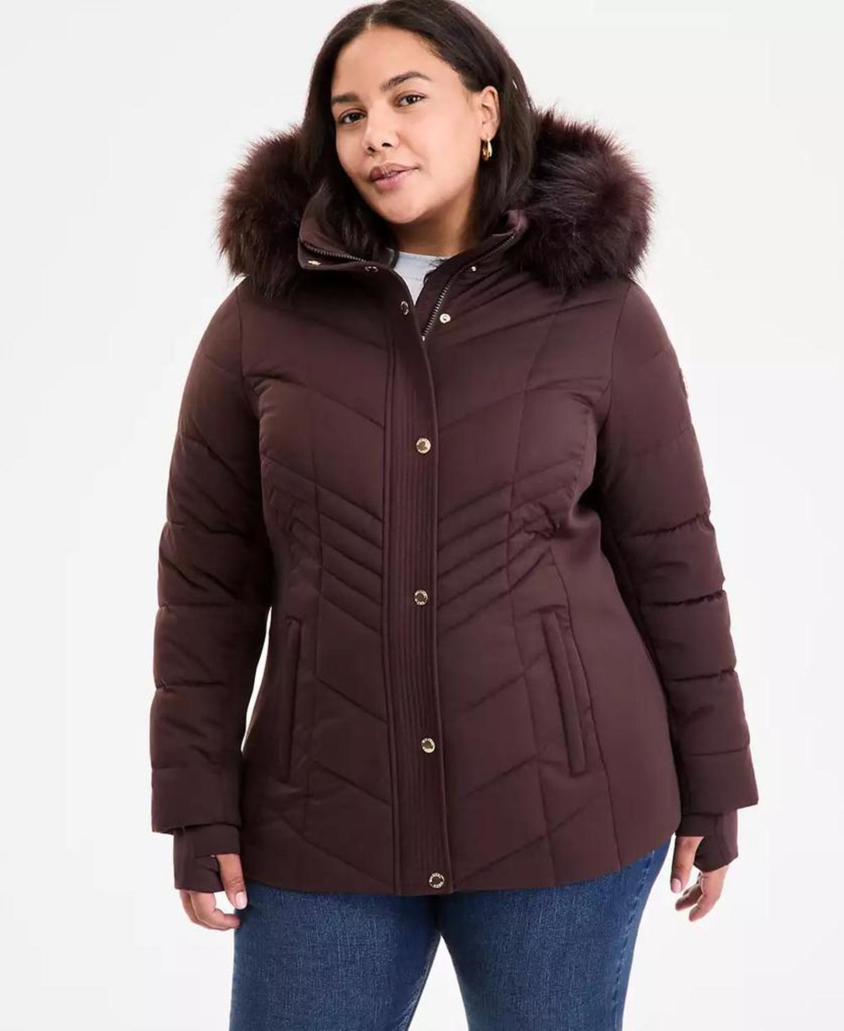 Plus Size Faux-Fur-Trim Hooded Puffer Coat, Exclusively at Macy's