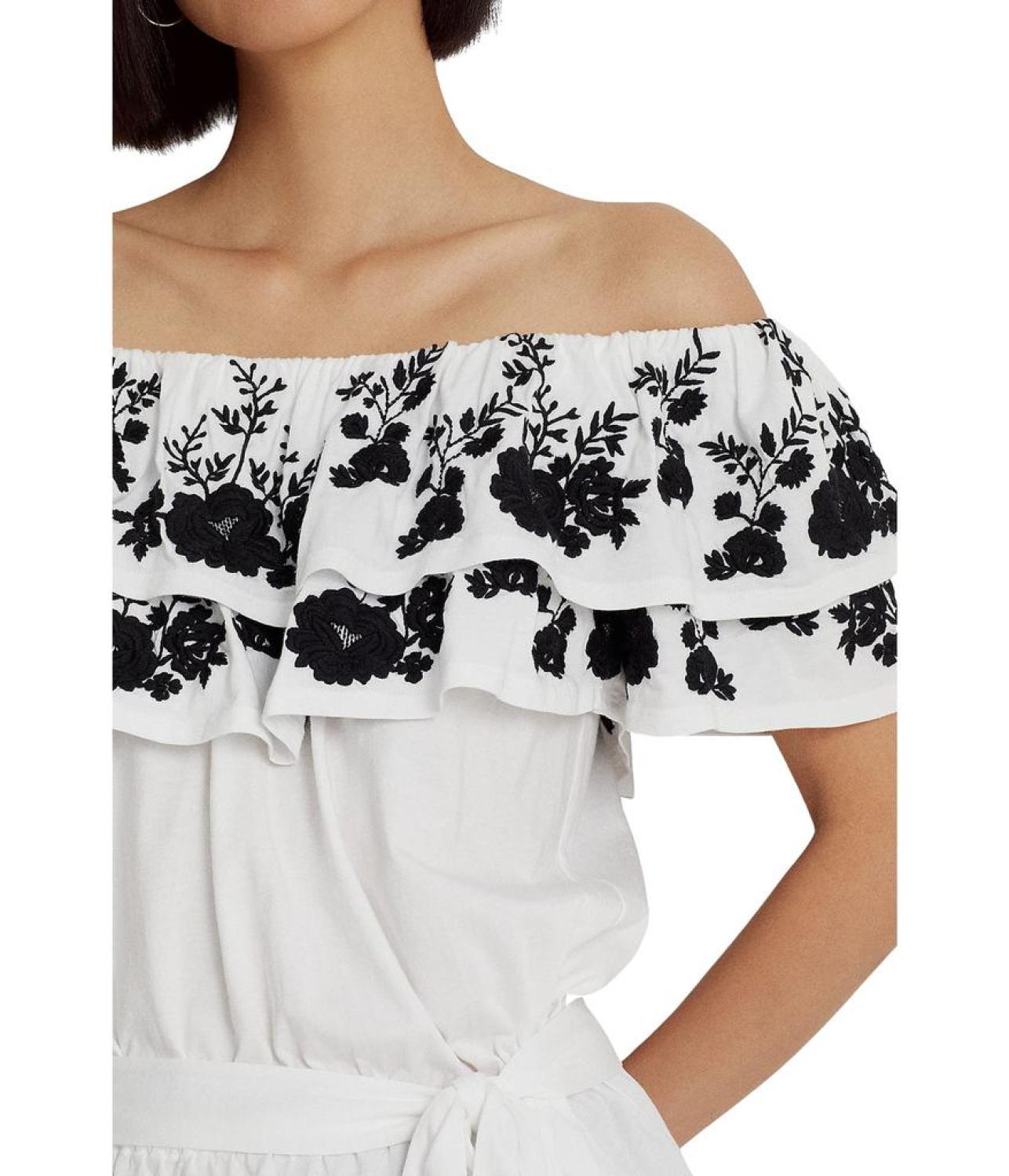 Embroidered Jersey Off-the-Shoulder Top