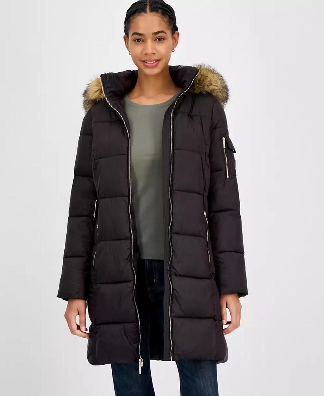 Women's Belted Hooded Faux-Fur-Trim Puffer Coat, Exclusively at Macy's