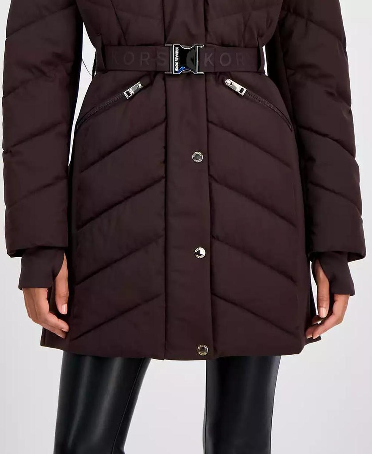 Women's Faux-Fur-Trim Hooded Belted Puffer Coat