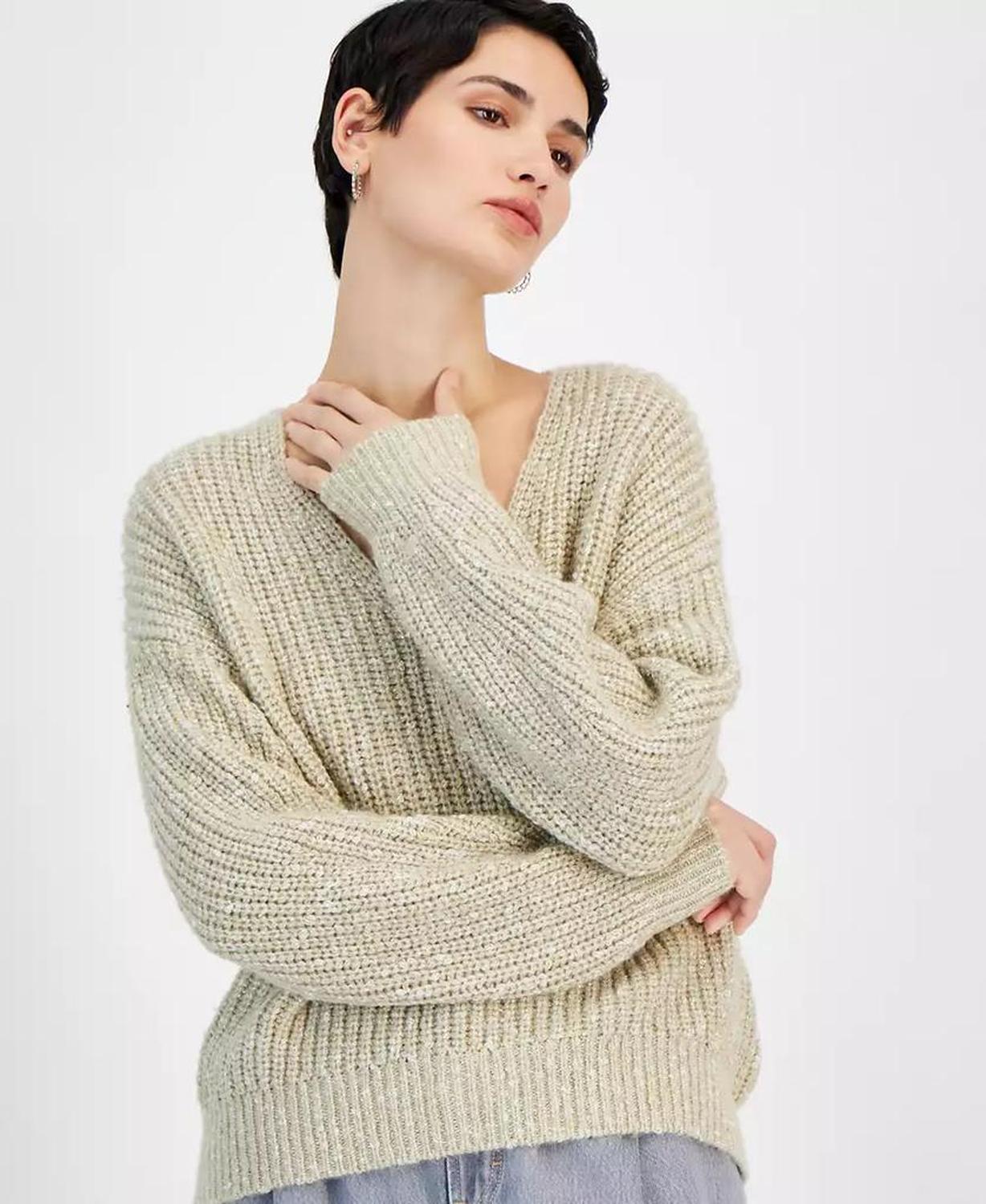 Women's Metallic V-Neck Drop-Shoulder Sweater
