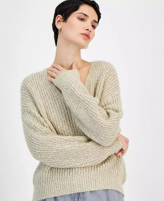 Women's Metallic V-Neck Drop-Shoulder Sweater