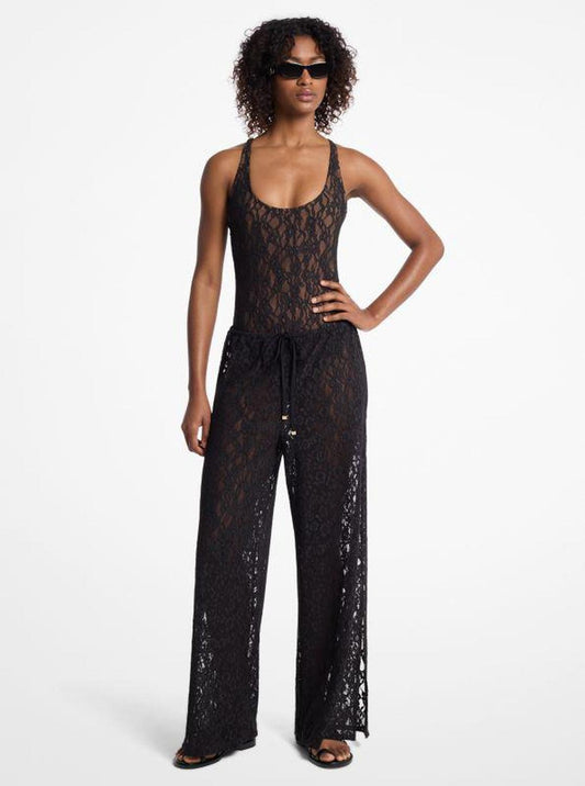 Floral Lace Stretch Nylon Drawstring Pants