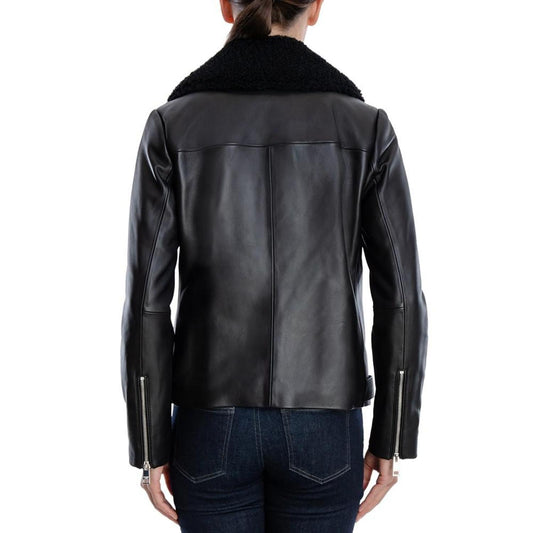 Asymmetrical Faux-Sherpa-Collar Leather Coat