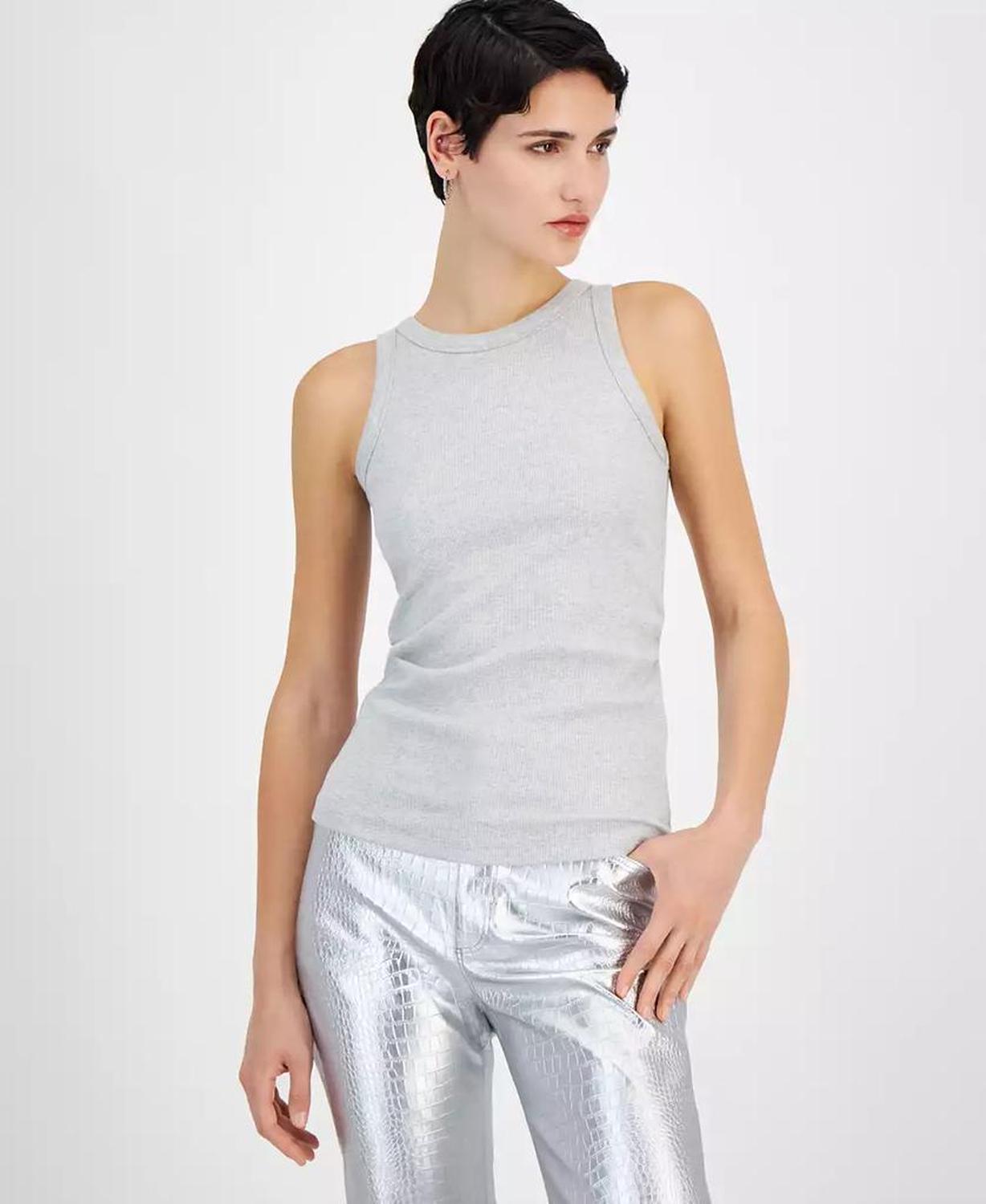 Women's Metallic Ribbed Round-Neck Tank Top
