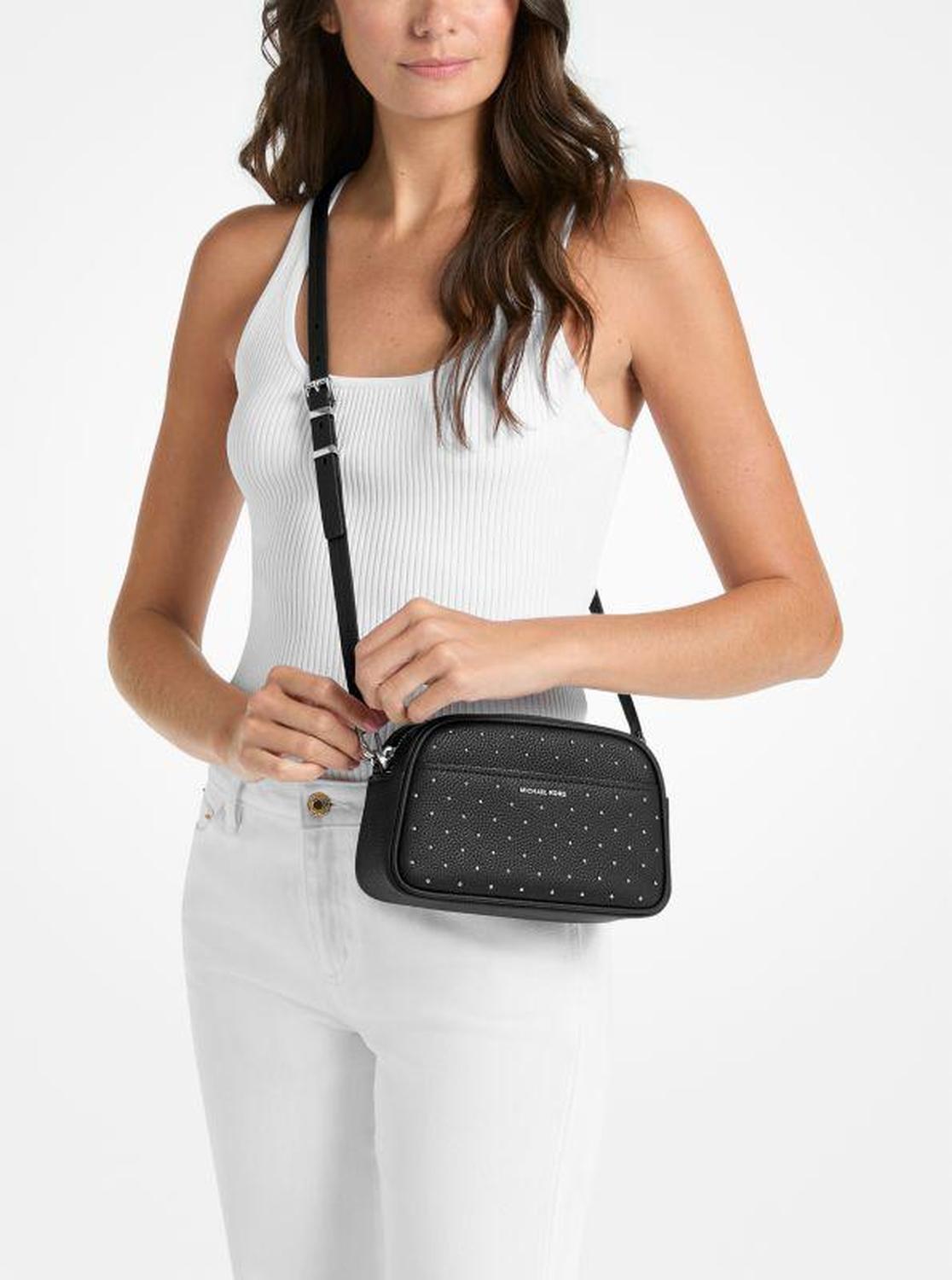 Jet Set Small Studded Pebbled Leather Camera Crossbody Bag