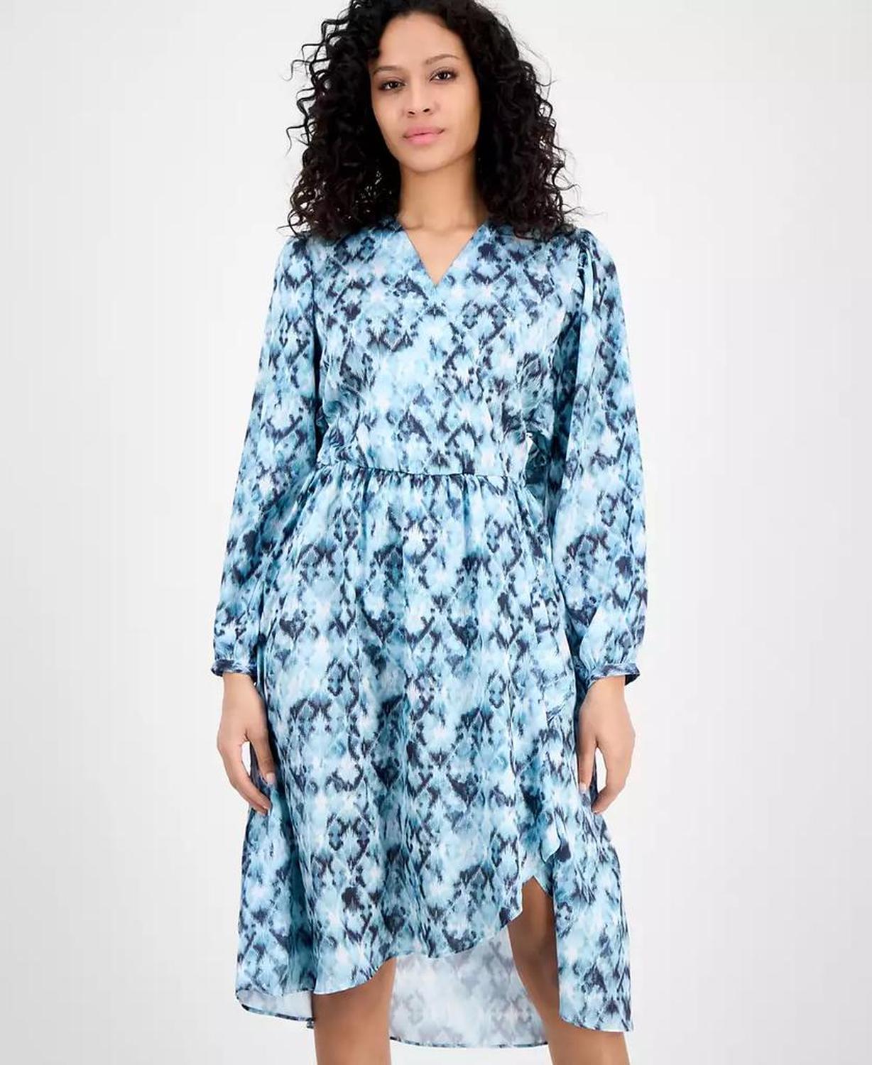 Women's Printed Blouson-Sleeve Midi Dress