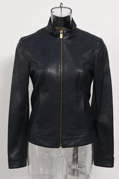 Zipped Jacket in Navy Blue Leather
