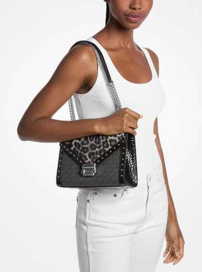Whitney Medium Signature Logo and Leopard Print Calf Hair Shoulder Bag