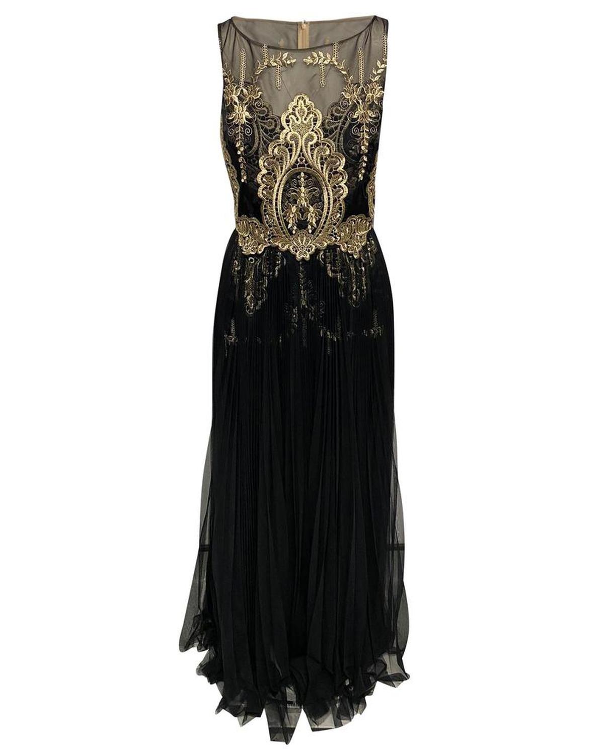 Marchesa Notte Lace Evening Gown in Black and Gold Polyester