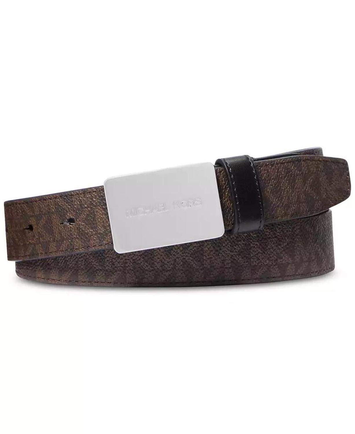 Men's Leather MK Logo Plaque-Buckle Belt