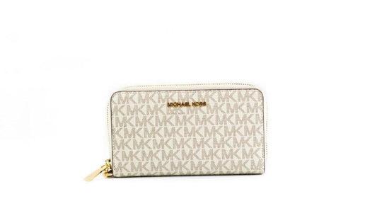 Michael Kors Jet Set Large ivory Signature PVC Flat Multifunction Wrist Women's Wallet