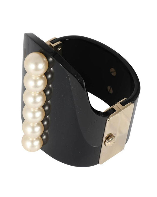 Chanel 2015 Gold Tone Resin Hinged Bangle Bracelet With Faux Pearls