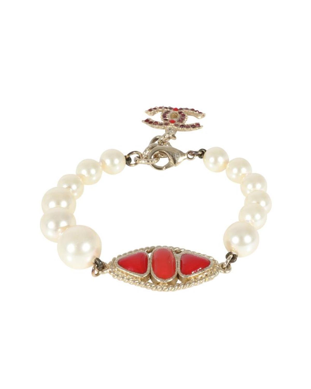 Chanel Faux Pearl & Red Gripoix CC Bracelet