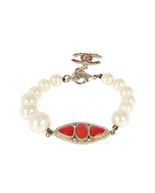 Chanel Faux Pearl & Red Gripoix CC Bracelet