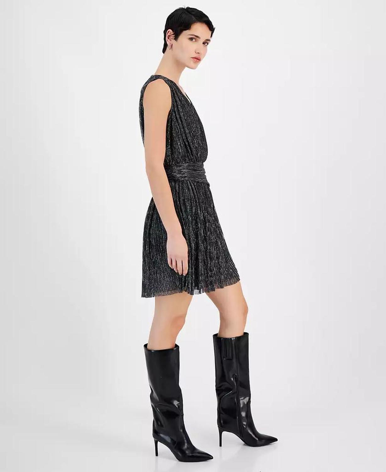 Women's Metallic Pleated V-Neck Mini Dress