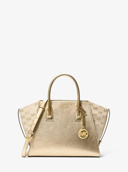 Avril Large Metallic Leather and Logo Jacquard Satchel