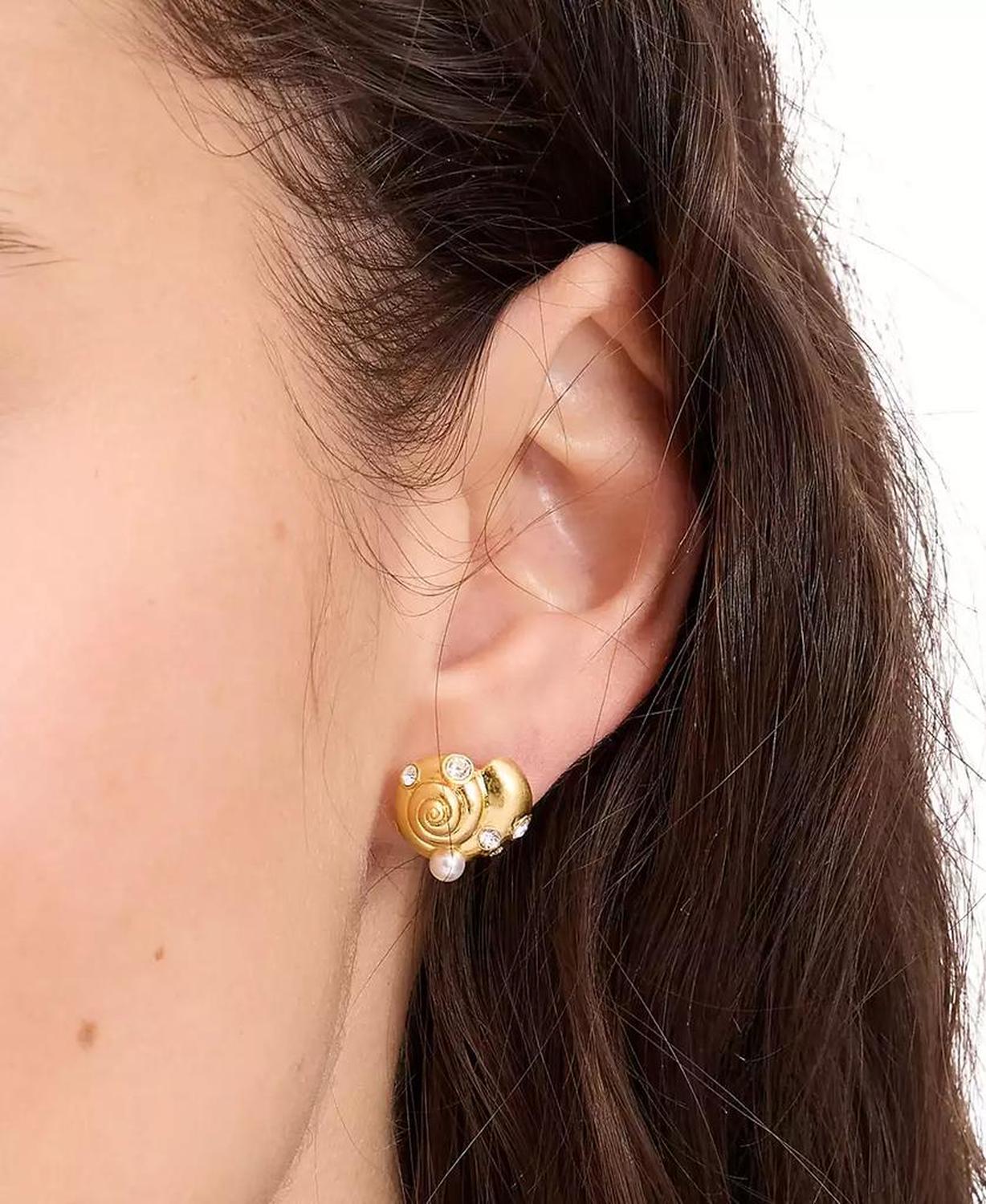 Gold-Tone Pavé & Imitation Pearl Shell Stud Earrings