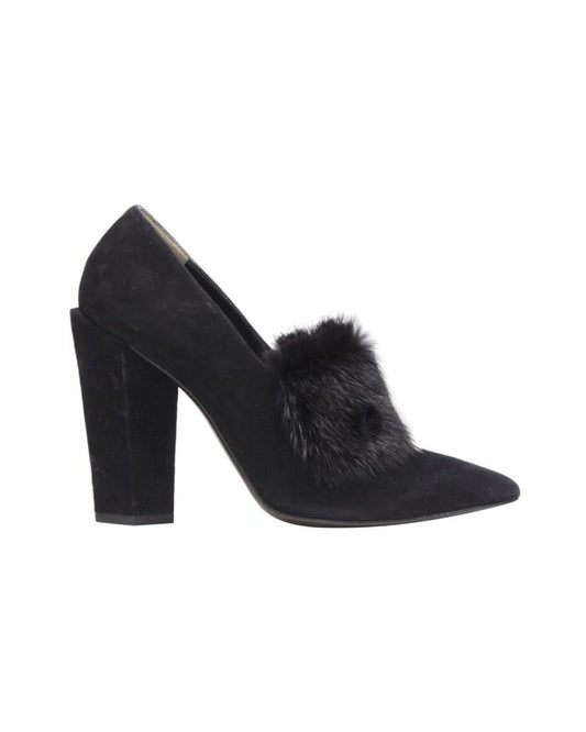FENDI black suede black white mink fur front point toe chunky heel pump