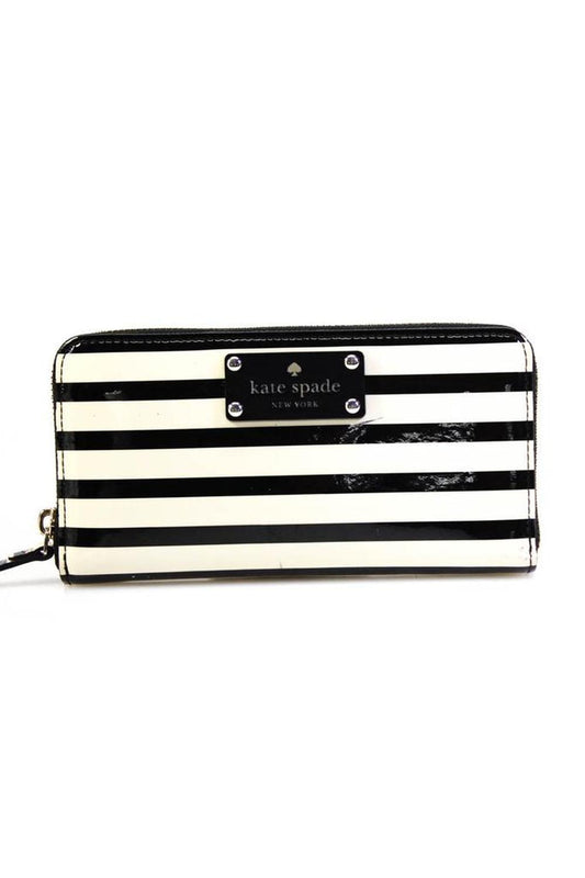 Kate Spade New York Womens Patent Leather Striped Wallet White Black