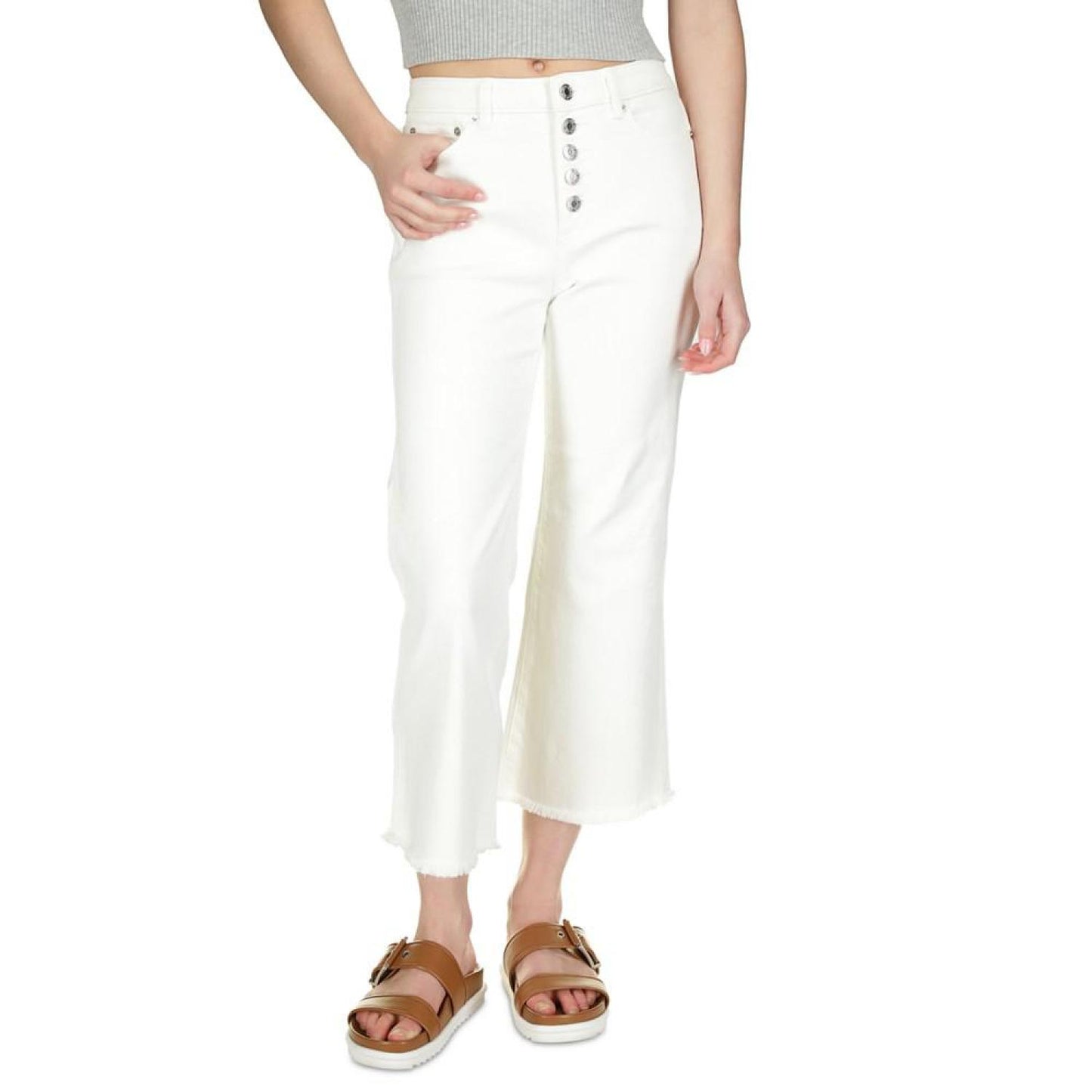 Petite Multi-Button Frayed-Hem Cropped Denim Jeans