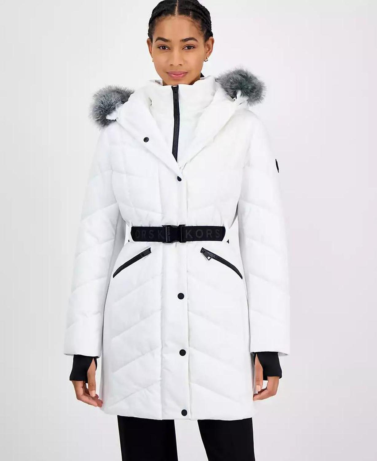 Women's Faux-Fur-Trim Hooded Belted Puffer Coat