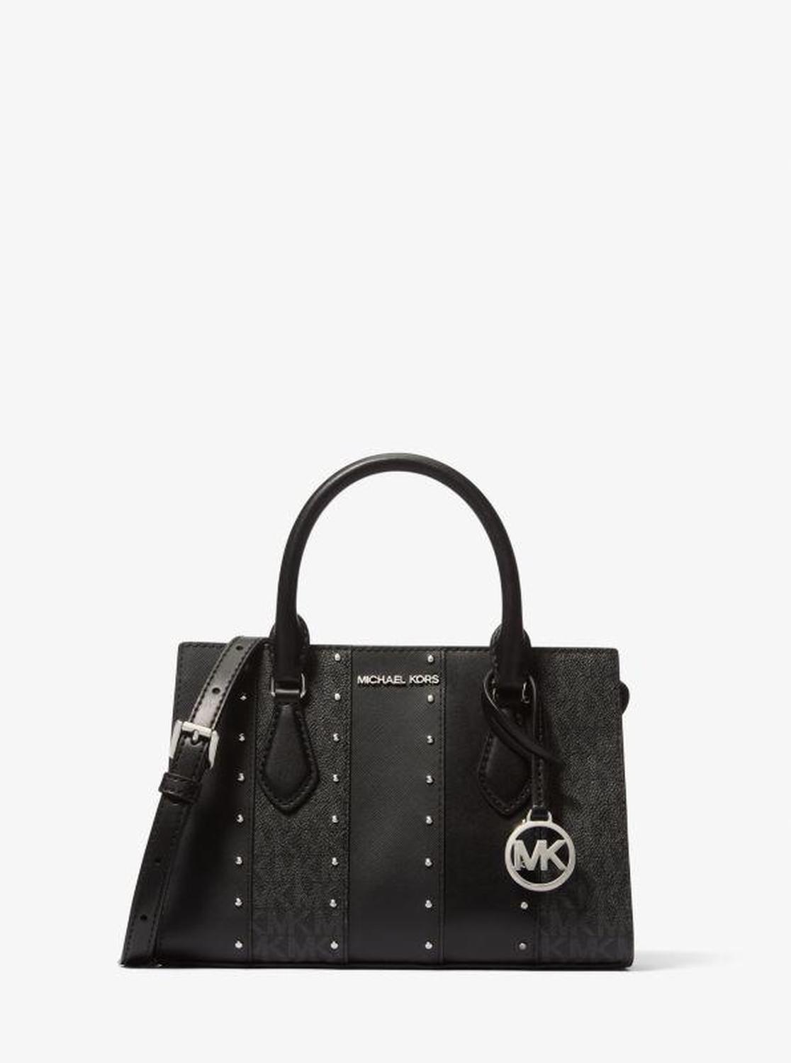 Sheila Small Studded Patchwork and Signature Logo Satchel