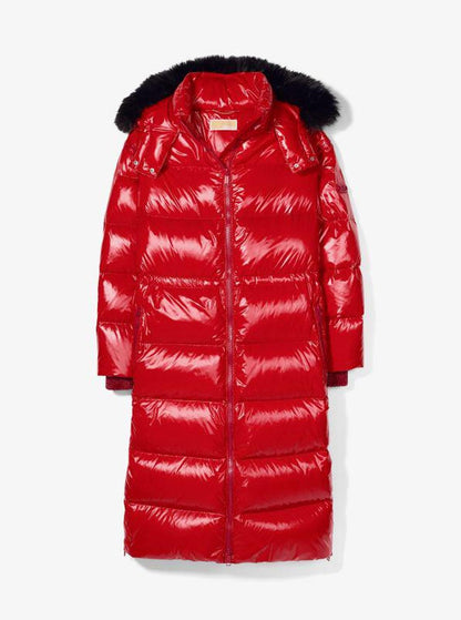Faux Fur Trim Nylon Ciré Puffer Coat