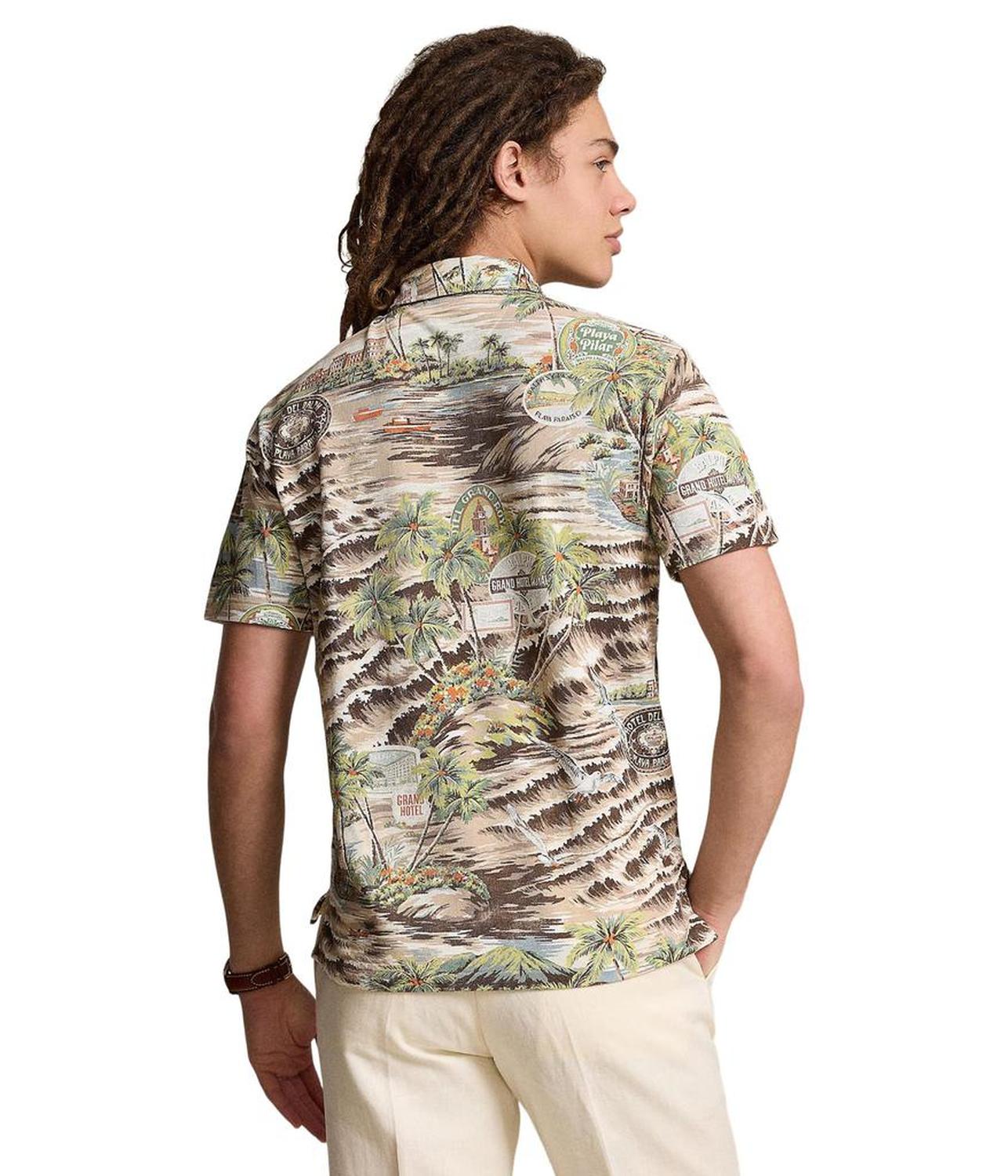 Classic Fit Beach-Print Mesh Polo Shirt