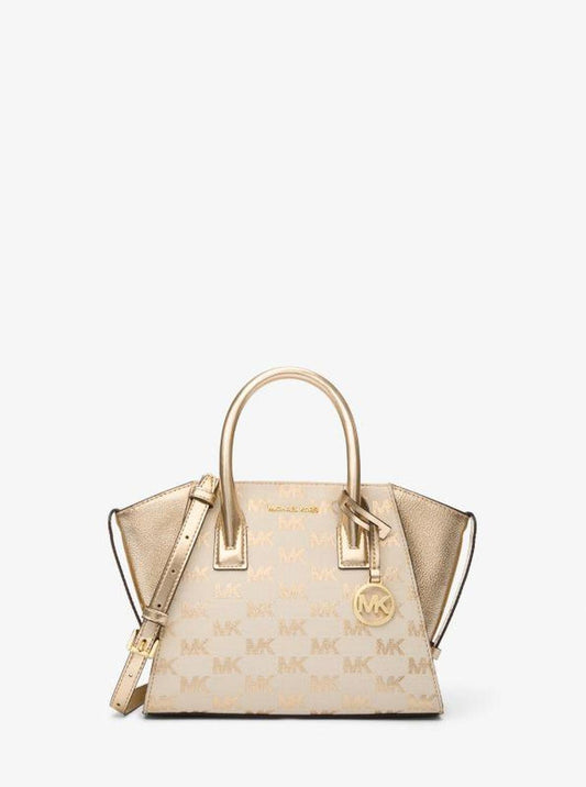 Avril Small Logo Jacquard and Metallic Leather Satchel